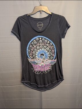Lucky Brand Black Short Sleeve Tee with Lotus & Peacock Graphic